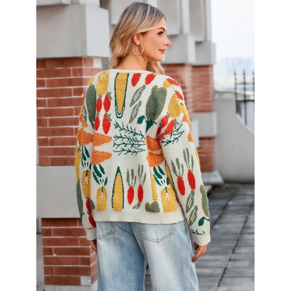 Women's Knit Cardigan Sweater Oversized Vegetable Jacquard Long Sleeve - Picture 2 of 6